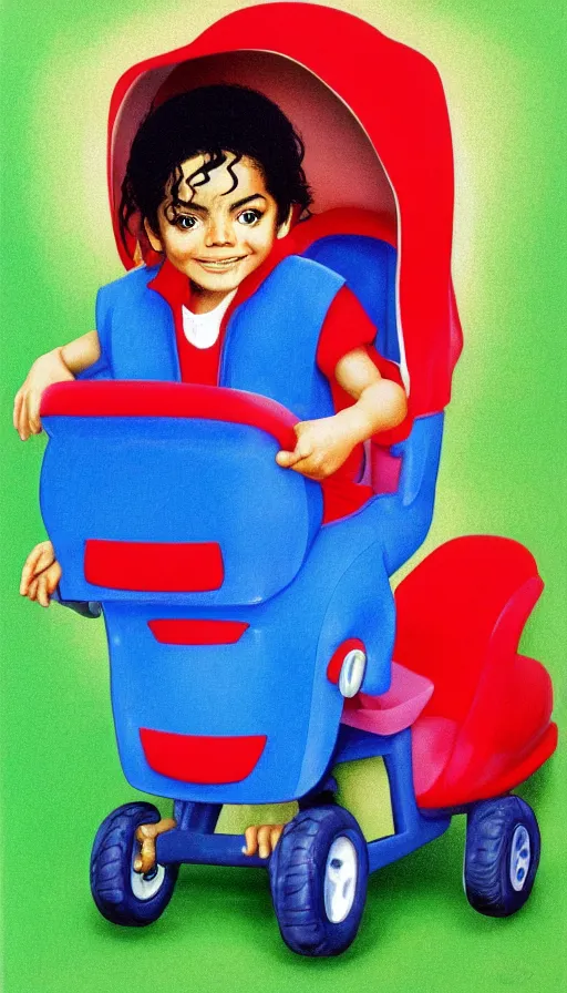 Image similar to michael jackson in a little tikes cozy coupe 1 9 8 9. portrait by jean giraud and anton otto fischer