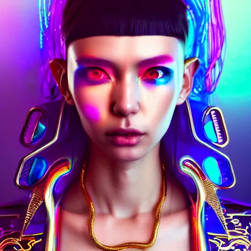 Prompt: hyperdetailed portrait of a stunningly beautiful cyberpunk girlfriend androgynous wizard made of iridescent metals and shiny pink gems, bright rainbow nimbus, gold necklace, gold background inspired by ross tran and masamune shirow and kuvshinov, intricate, photorealistic, octane render, rtx, hdr, unreal engine, dnd digital art by artgerm