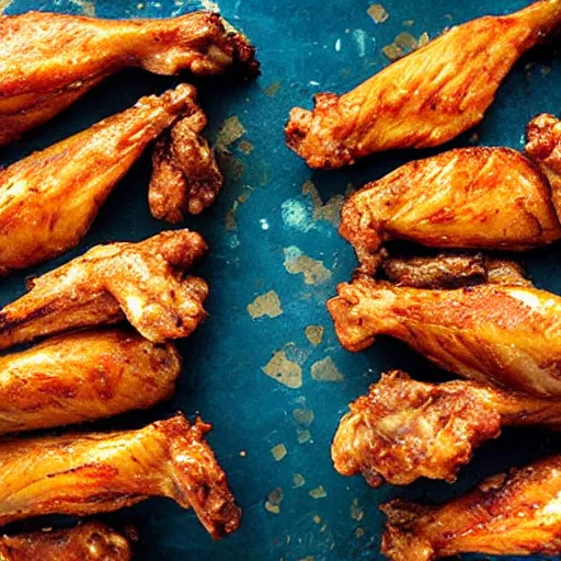 Prompt: lined up chicken wings dancing in a disco