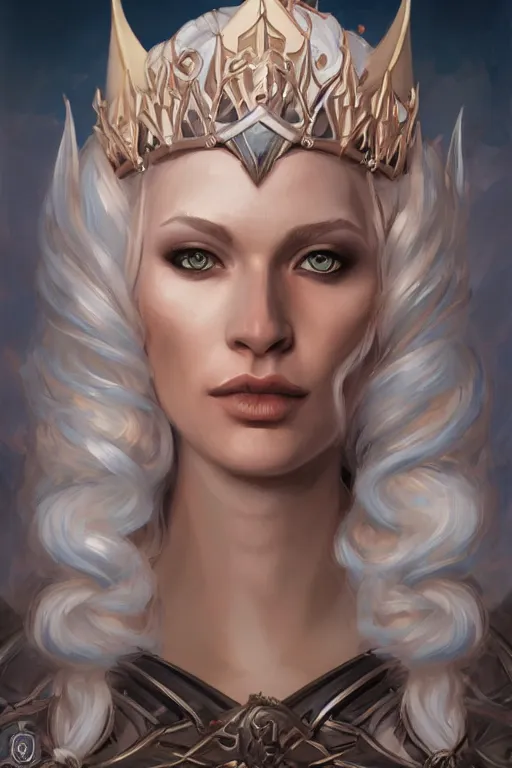 Prompt: stygian strange detailed portrait of a blue eyed, blonde haired crowned queen of summer with light elvish overtones and an arcane halo by kirsi Salonen, asya yoranova and peter mohrbacher trending on artstation