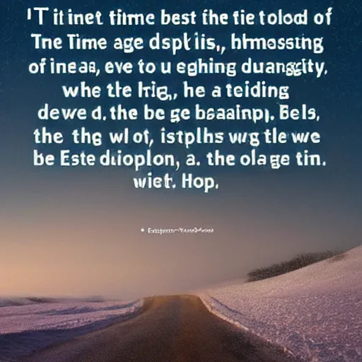 Image similar to It was the best of times, it was the worst of times, it was the age of wisdom, it was the age of foolishness, it was the epoch of belief, it was the epoch of incredulity, it was the season of Light, it was the season of Darkness, it was the spring of hope, it was the winter of despair.