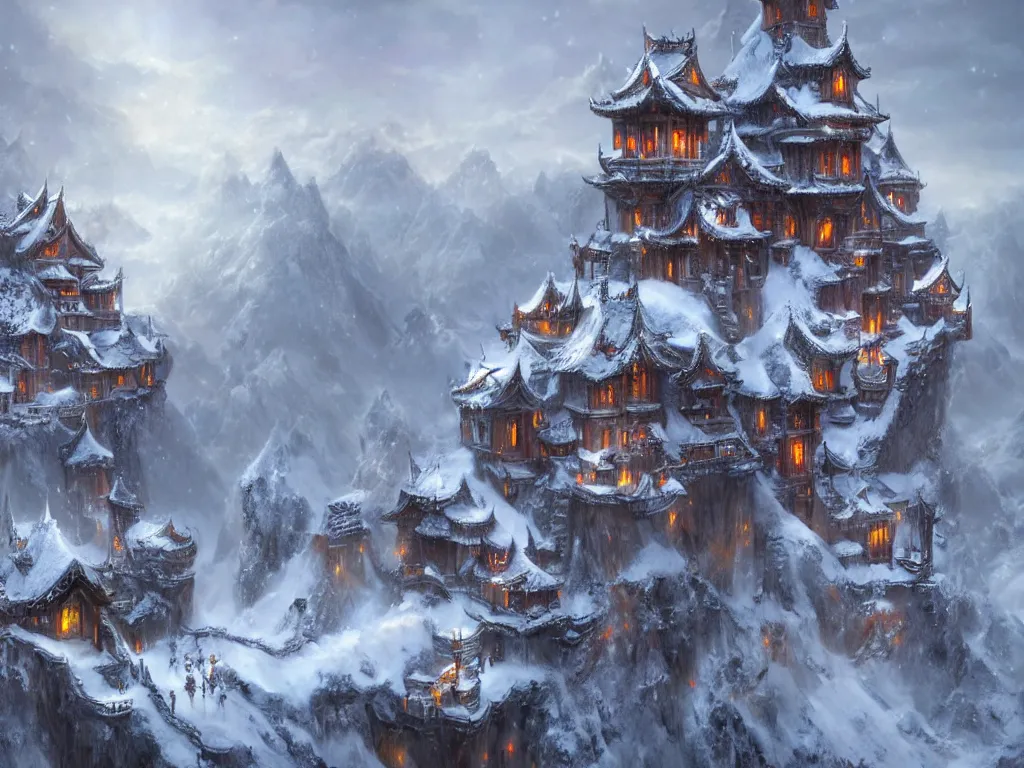 Prompt: elves live in fantasy castles, blizzard, cinematic landscape ， on a snowy day, by xu beihong