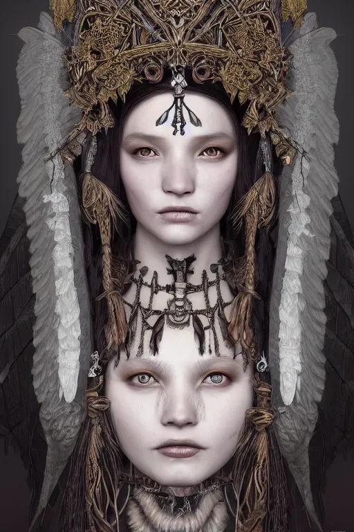 Image similar to A masterpiece ultrarealistic portrait of a Irristible angel princess tribal-shaman-knight-witch-ghost with Skull Iron mask. baroque renaissance girl in the night forest. medium shot, intricate, elegant, highly detailed. trending on artstation, digital art, by Stanley Artgerm Lau, WLOP, Rossdraws, James Jean, Andrei Riabovitchev, Marc Simonetti, Yoshitaka Amano. background by James Jean and Gustav Klimt, light by Julie Bell, 4k, porcelain skin.