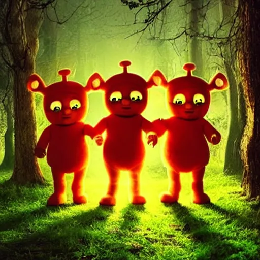 Image similar to demonic teletubbies in magical forest, dark atmosphere, high detail, soft lighting