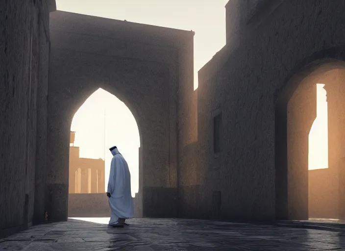 Image similar to old jeddah city alley, magical time gate to another dimension, a man wearing a white robe standing watching over, dramatic lighting, dawn, by caspar david friedrich, unreal engine 5