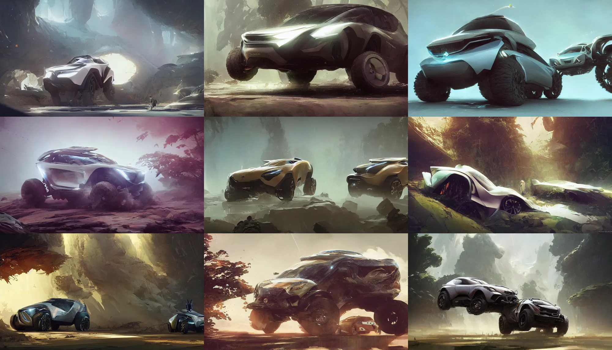 Prompt: a beautiful concept design of a supercar converted into offroad electric suv by cory loftis, fenghua zhong, ryohei hase, ismail inceoglu and ruan jia. volumetric light, detailed, octane render, chronicles of narnia