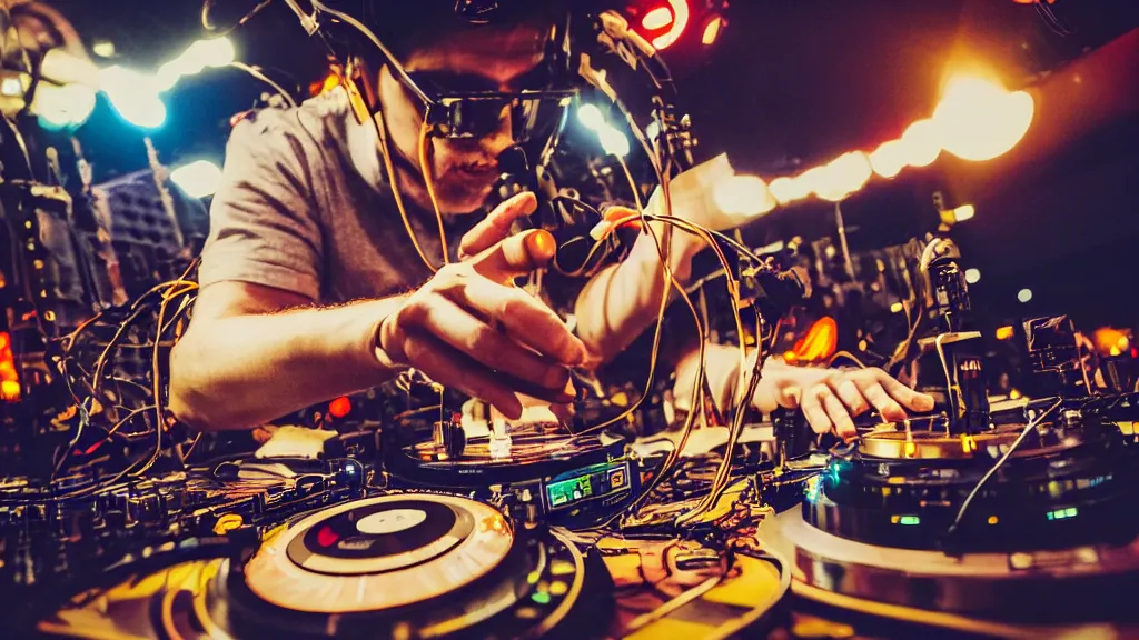 Image similar to a person wearing goggles and visor and headphones using a steampunk record player contraption, wires and tubes, turntablism dj scratching, intricate planetary gears, cinematic, imax, sharp focus, leds, bokeh, iridescent, black light, fog machine, hazy, lasers