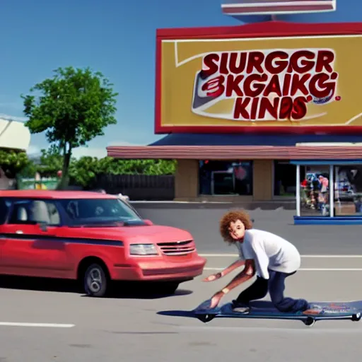 Image similar to kenny g skateboarding in a burger king parking lot, epic, cinematic, realism, ultra detailed, 8 k, film still