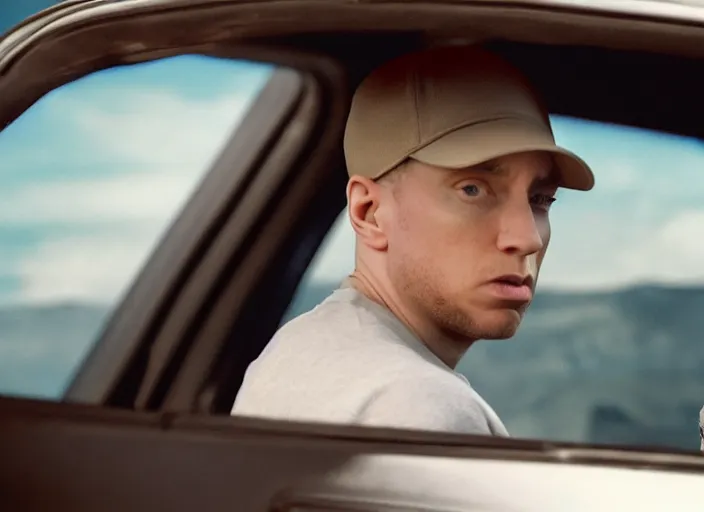 Image similar to a very high resolution image from a new movie, eminem driving a car. inside of a car. alone. mountains, directed by wes anderson