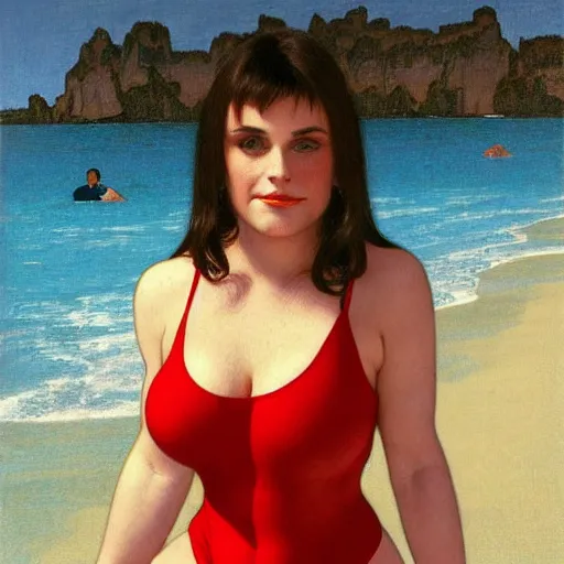 Image similar to portrait of cute 2 0 years old slightly obese courtney cox in red swimsuit running on a beach, intricate, hyperdetailed, photorealistic, diffuse lighting, hdrp, artstation, unreal 5, smooth, textless, sharp focus, art by john collier, albert aublet, krenz cushart, artem demura, alphonse mucha