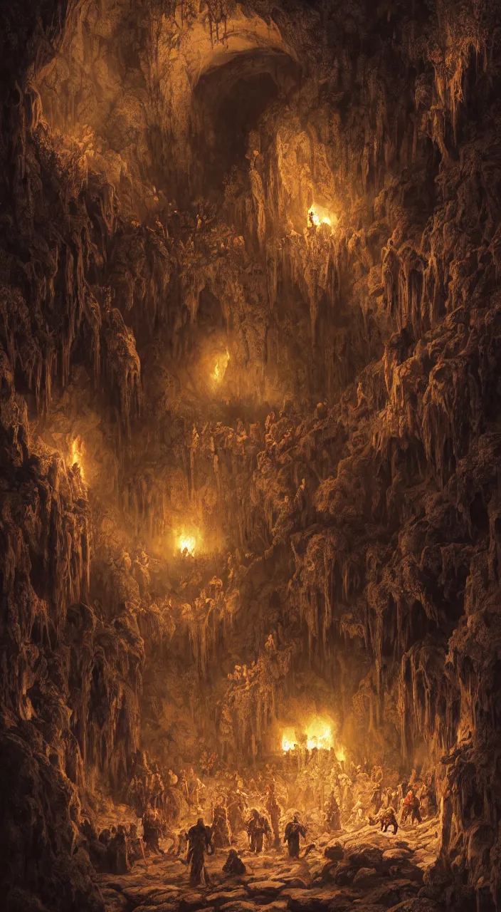 Image similar to five medieval explorers fighting a dragon inside an enormous cavern, ruined medieval architecture, magic, dark atmosphere, mist, fire, complementary colors, highly detailed, 8 k matte painting, cinematic lighting, artstation, rule of thirds, by marc simonetti, by gustave dore, by chris cold, by vladimir manyukhin, in the style of dungeons and dragons, octane render