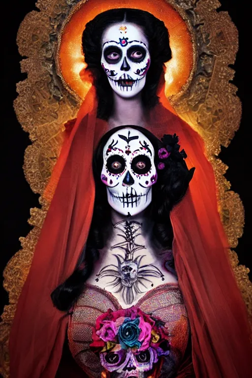 Image similar to 1 9 4 0's virgin mary dia de muertos dress and make up, horrific beautiful vibe, evocative, atmospheric lighting, painted, intricate, highly detailed, leesha hannigan, wayne haag, reyna rochin, ignacio fernandez rios, mark ryden, iris van herpen, stunning, gorgeous, sharp focus, cinematic, masterpiece