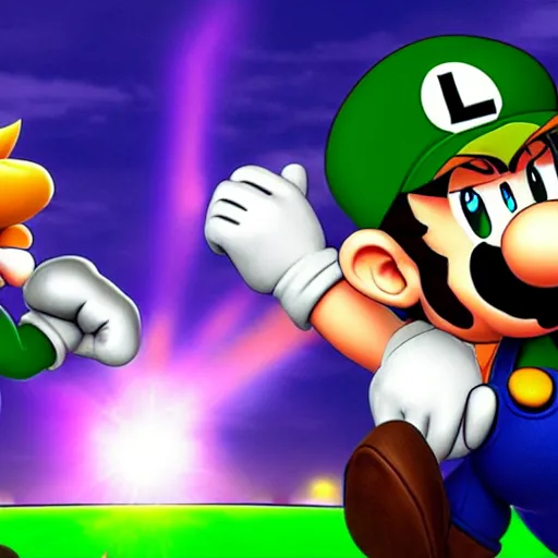 Prompt: luigi and goku battle, epic lighting