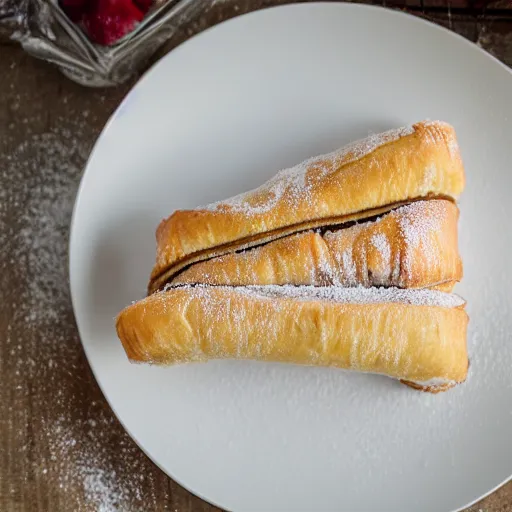 Prompt: strudel with cream, canon eos r 3, f / 1. 4, iso 2 0 0, 1 / 1 6 0 s, 8 k, raw, unedited, symmetrical balance, in - frame,