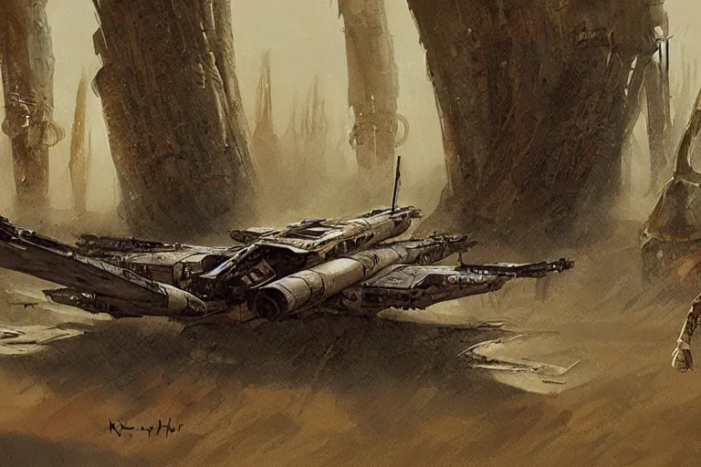 Image similar to concept art, mood painting, environment painting, crashed x - wing swampy bog dim low exposure style of ryan church, jon mccoy, george hull, painting star wars