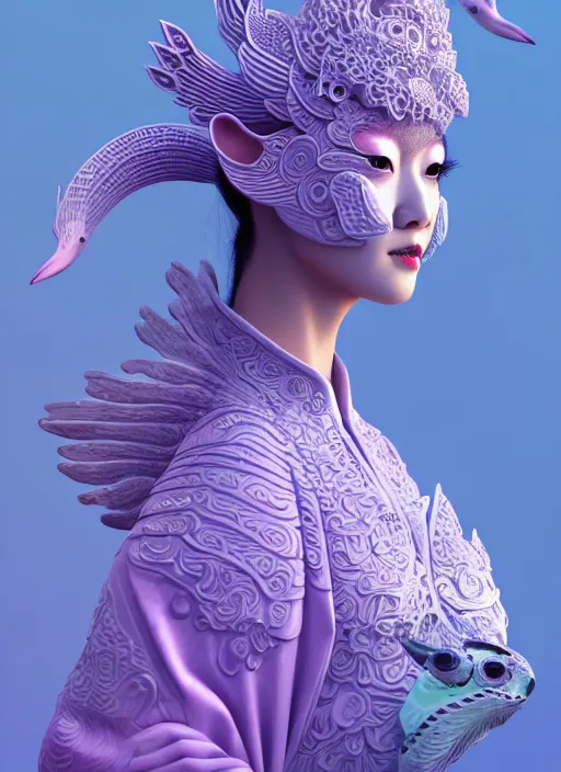 Prompt: 3 d goddess medium shot profile portrait. beautiful intricate highly detailed korean gumiho mask and traditional korean hanbok. stingray, magpie, bio luminescent, plasma, lava, ice, water, wind, creature, purple fog, artwork by tooth wu and wlop and beeple and greg rutkowski, trending on artstation,