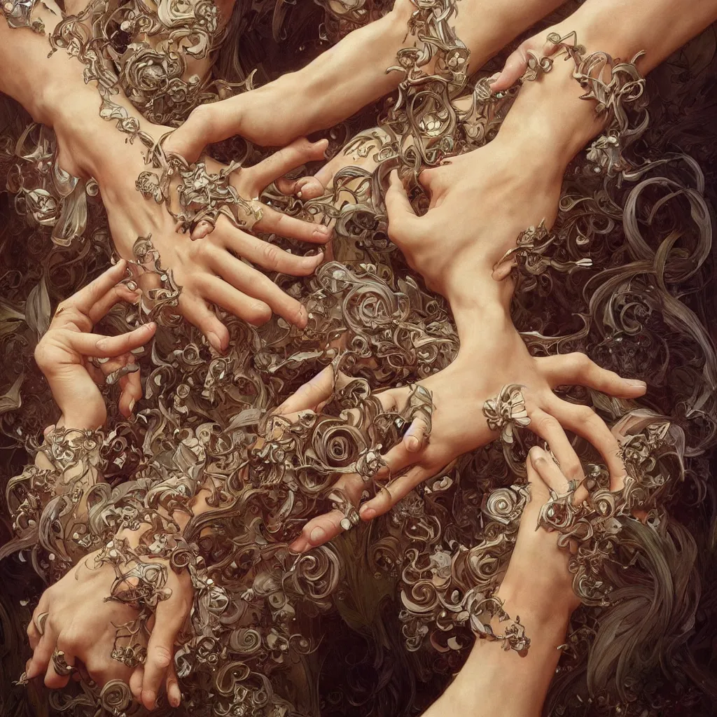 Image similar to too many hands, gnarled, so many hands, fingers, weird amount of hands, fantasy, intricate, elegant, highly detailed, digital painting, artstation, concept art, smooth, sharp focus, illustration, art by artgerm and greg rutkowski and alphonse mucha