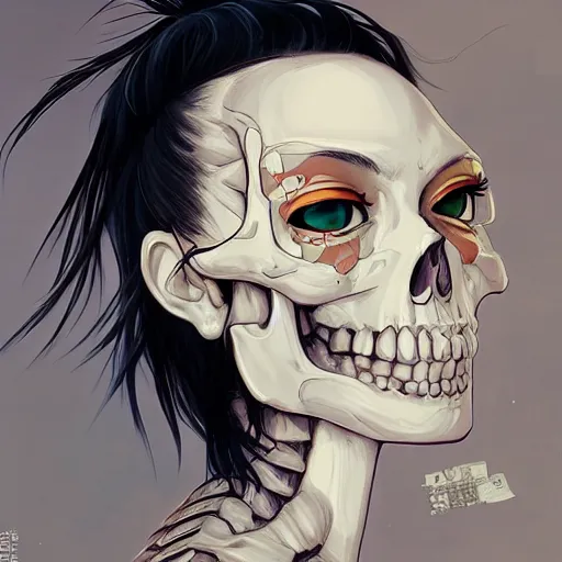 Prompt: anime manga skull portrait young woman skeleton, artgerm, painterly, impressionist, graffiti, key lighting, art by jc leyendecker and sachin teng