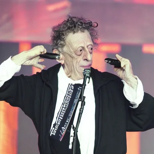 Prompt: Philip Glass performing at XXL freshman cypher