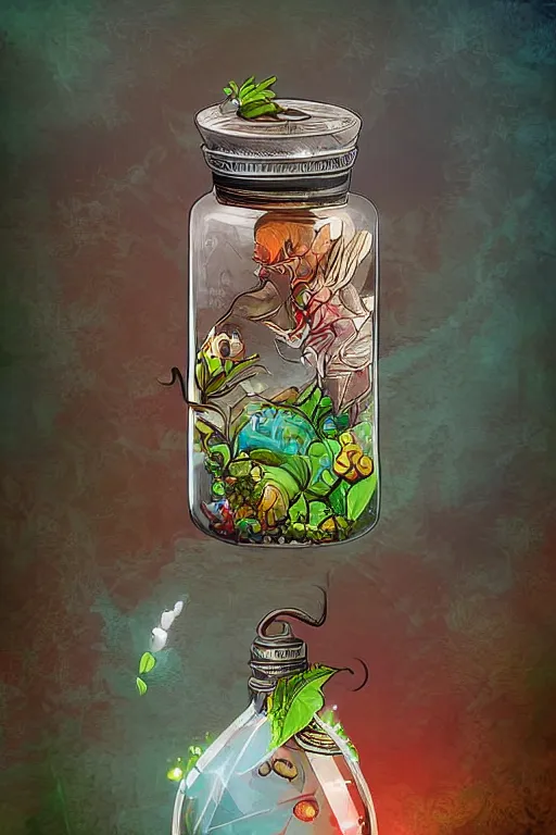 Image similar to a fantasy styled trash inside a terrarium bottle , digital art