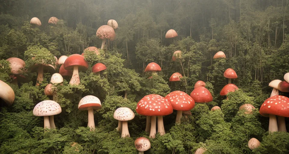 Image similar to A tribal village in a forest of giant mushrooms, by Wes Anderson,