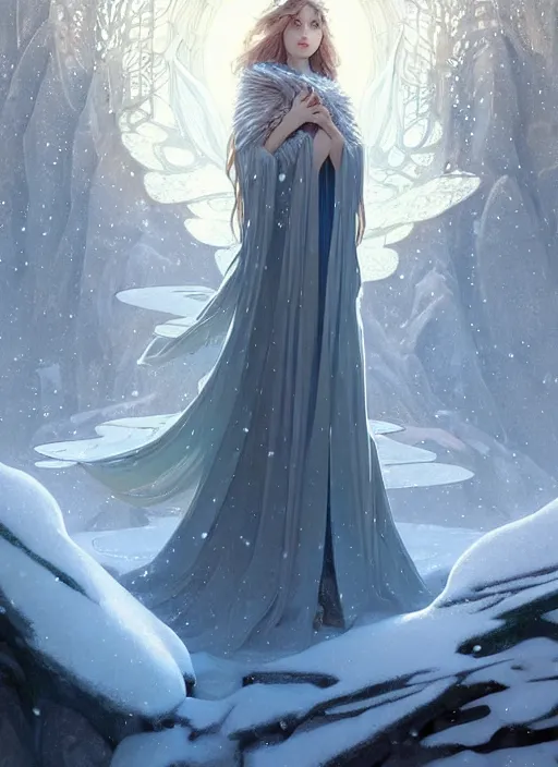 Image similar to a beautiful cinematic female winter goddess, cristal dress, ice wing, galatic shamen with quantum energy fantasy, fantasy magic, undercut hairstyle, dark light night, intricate, elegant, sharp focus, illustration, highly detailed, digital painting, concept art, matte, art by wlop and artgerm and greg rutkowski and alphonse mucha, masterpiece