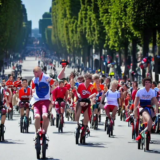 Image similar to sports photo of troupe of clowns on unicycles in a bunch sprint on the champs de elysees, tour de france