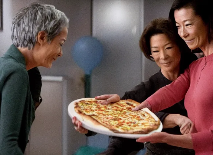 Prompt: a movie still of michelle yeoh's pizza fingers caressing jamie lee curtis's face from the movie everything, everywhere, all at once