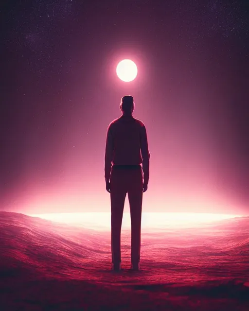 Image similar to a person standing in front of a glowy open door that's on a barren moon, poster art by mike winkelmann, trending on cg society, space art, sci - fi, ue 5, futuristic, volumetric lighting