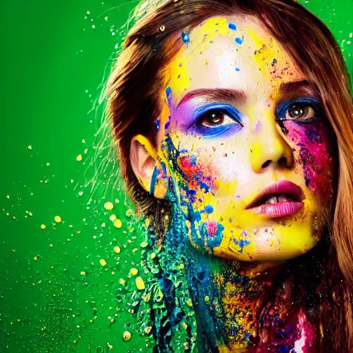 Image similar to potrait of a female model get splash with paint liquid , commercial ads