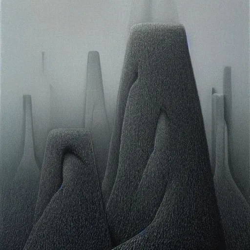 Image similar to monolithic buildings among the trees, by Zdzisław Beksiński