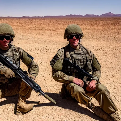 Prompt: two soldiers are combing the desert using a large comb, high definition, beautiful award winning photography, 8 k.