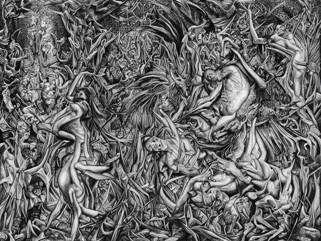 Image similar to transformation through death by Alex Grey and M. C. Escher collaboration