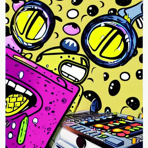 Prompt: artgerm, psychedelic laughing cybertronic spongebob, rocking out, headphones dj rave, digital artwork, r. crumb, svg vector