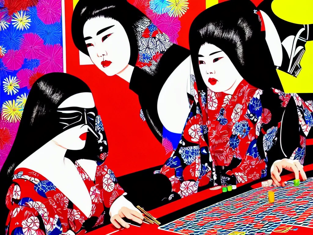 Image similar to hyperrealism composition of the detailed woman in a japanese kimono sitting at an extremely detailed poker table with darth vader, fireworks on the background, pop - art style, jacky tsai style, andy warhol style, acrylic on canvas