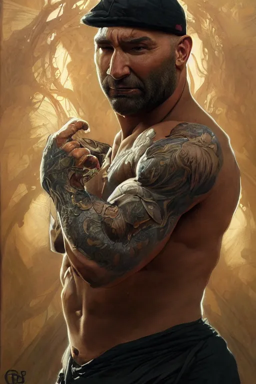 Prompt: dave bautista as frank reynolds, masterpiece, intricate, elegant, highly detailed, digital painting, artstation, concept art, smooth, sharp focus, illustration, art by artgerm and greg rutkowski and alphonse mucha and uang guangjian and gil elvgren and sachin teng, symmetry!!