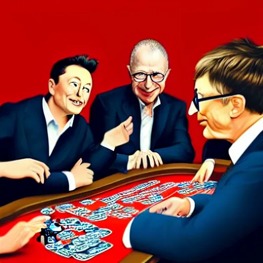 Prompt: UHD photorealistic Elon Musk playing poker with Satoshi Nakamoto, Klaus Schwab, and Bill Gates, hyperrealistic, correct details, symmetrical faces, accurate faces,