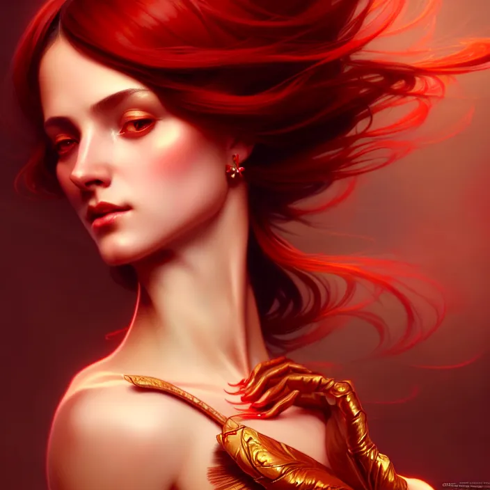 Image similar to beautiful digital painting of a goddes stylish female with high detail, real life skin, red colors, 8 k, stunning detail, works by artgerm, greg rutkowski and alphonse mucha, unreal engine 5, 4 k uhd