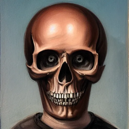 Prompt: a portrait painting of a man with a skull as his head, in the style of stephen gibb, 4 k,