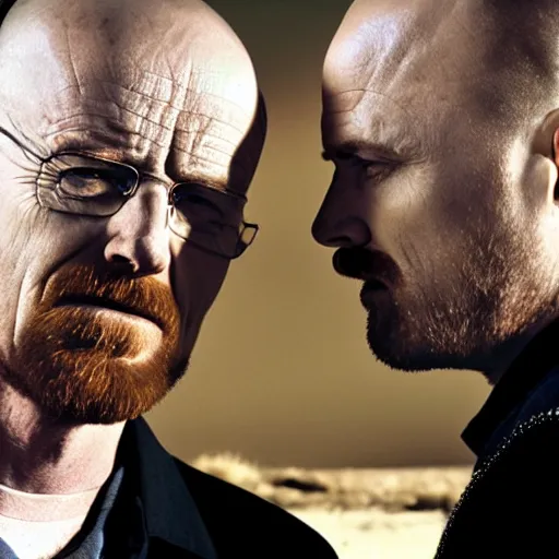 Image similar to walter white kissing jesse pinkman on the lips, hd still from the show breaking bad