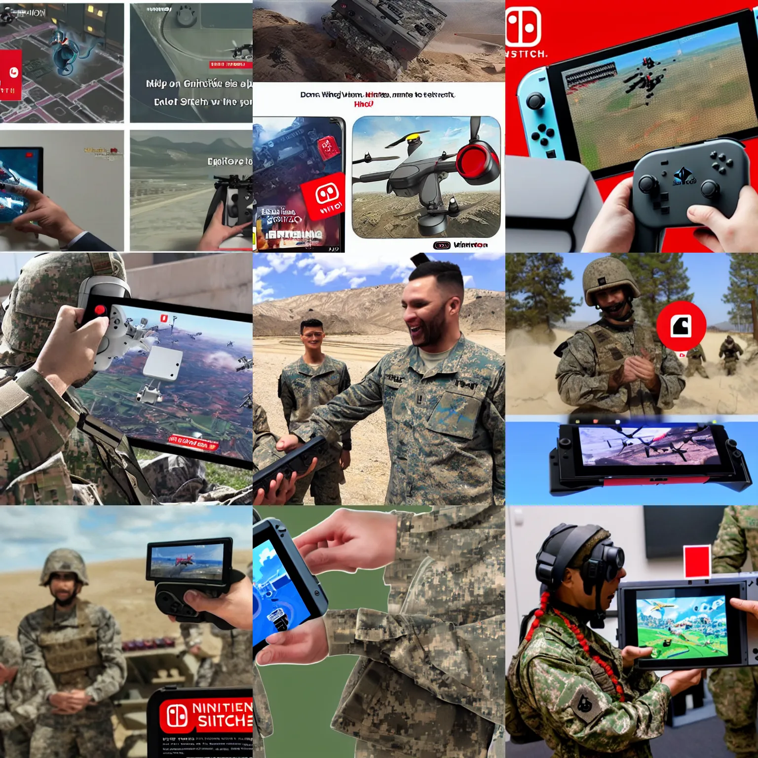 Prompt: conducting drone strike through a nintendo switch, happy, optimistic, nintendo, switch, gaming console, military recruiting ads.