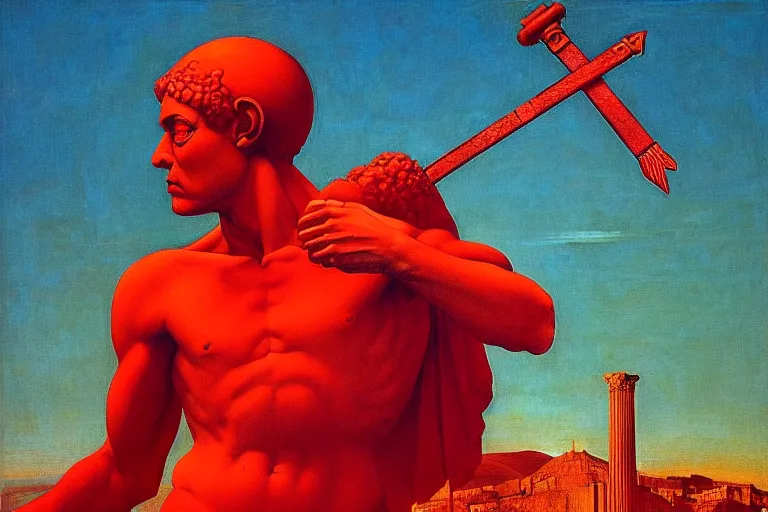 Image similar to only with red, a red melted apollo with a laurel wreath and a flaming sword announce win, athens in background, in the style of beksinski, parts by edward hopper, parts by rodcenko, parts by yue minjun, intricate and epic composition, red by caravaggio, insanely quality, highly detailed, masterpiece, red light, artstation, 4 k