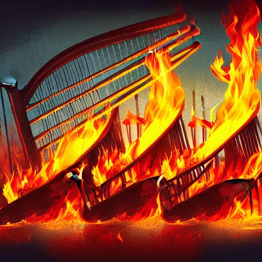 Image similar to in the lower part of the picture is the harp burning in the fire, above are cranes flying in flames, digital painting, concept art