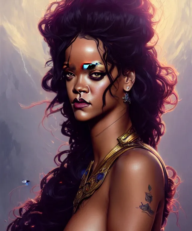 Image similar to Rihanna as a fantasy magic woman portrait, sci-fi, amber eyes, face, long hair, fantasy, intricate, elegant, highly detailed, digital painting, artstation, concept art, smooth, sharp focus, illustration, art by artgerm and greg rutkowski and alphonse mucha