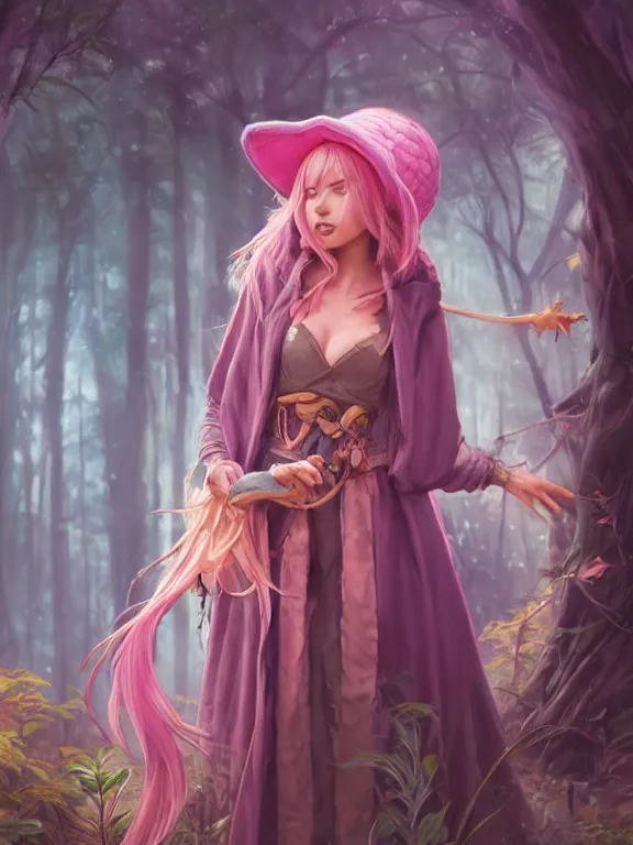 Prompt: picture of cute female wizard in the forest, ferred - themed robes and hat, pink hair, brown skin, energetic, high fantasy, highly detailed, detailed faces, smooth, sharp focus, chiaroscuro, digital painting, concept art, rossdraws and moebius and jon mcnaughton