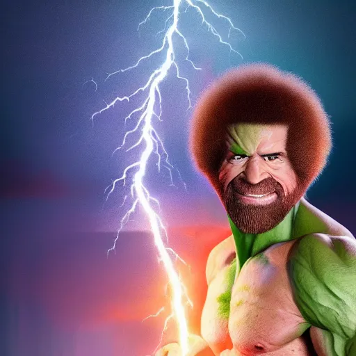 Image similar to full body portrait , photomanipulation of BOB ROSS as hulk with human flesh, marvel, fully detailed, volumetric lightening, octane render, 8k, masterpiece, epic composition, sharp focus