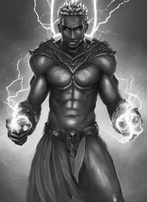 Image similar to a highly detailed illustration of short fade hair african god of lightning, evil summoning lightning from hands pose, moonlit clouds background, muscular, intricate, elegant, highly detailed, centered, digital painting, artstation, concept art, smooth, sharp focus, league of legends concept art, WLOP