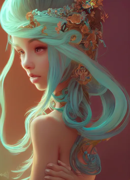 Image similar to beautiful girl with long turqoise hair, cute, intricate, highly detailed, digital painting, trending on artstation, concept art, smooth, sharp focus, backlit, rim light, illustration, unreal engine 5, 8 k, art by rossdraws and alphonse mucha