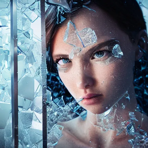 Prompt: photorealistic woman behind smashed glass, stunning detail, hyperreal rendering, octane render, highly detailed, cinematography atmosphere, dramatic, 4 k