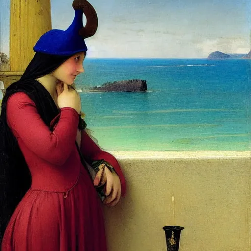 Prompt: A girl with jester hat and clothes on the front of a Balustrade with a beach on the background, major arcana cards, by paul delaroche, hyperrealistic